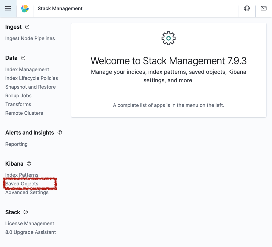 'Screenshot of Kibana Stack Management with "Saved Objects" highlighted'