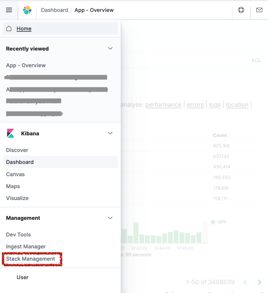 'Screenshot of Kibana leftnav with "Stack Management" highlighted'