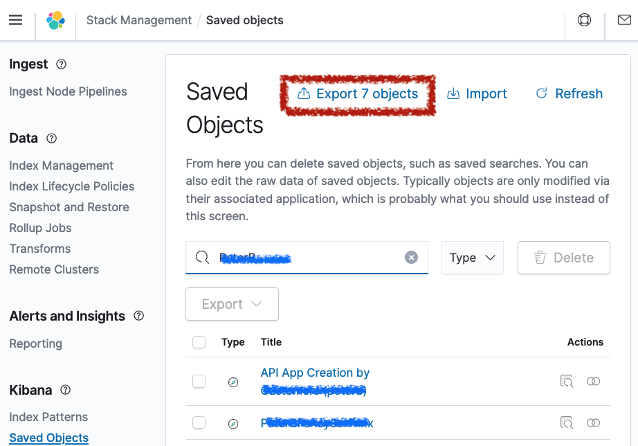 'Screenshot of Kibana View Saved Objects with "Export 7 Objects" highlighted'