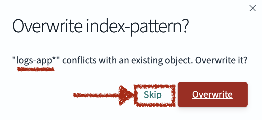 Screenshot of Overwrite index-pattern with "Skip" selected