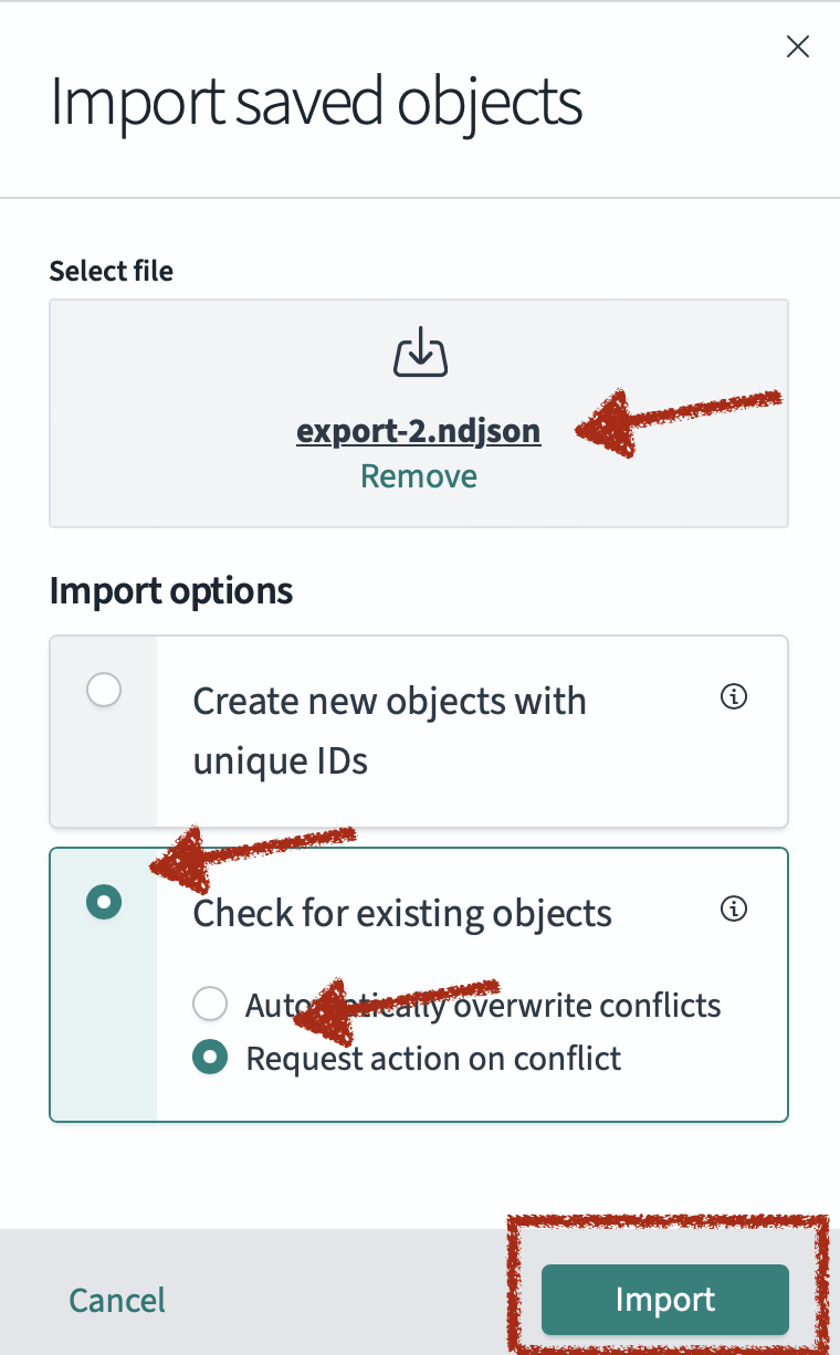 Screenshot of Import saved objects, with selections as described