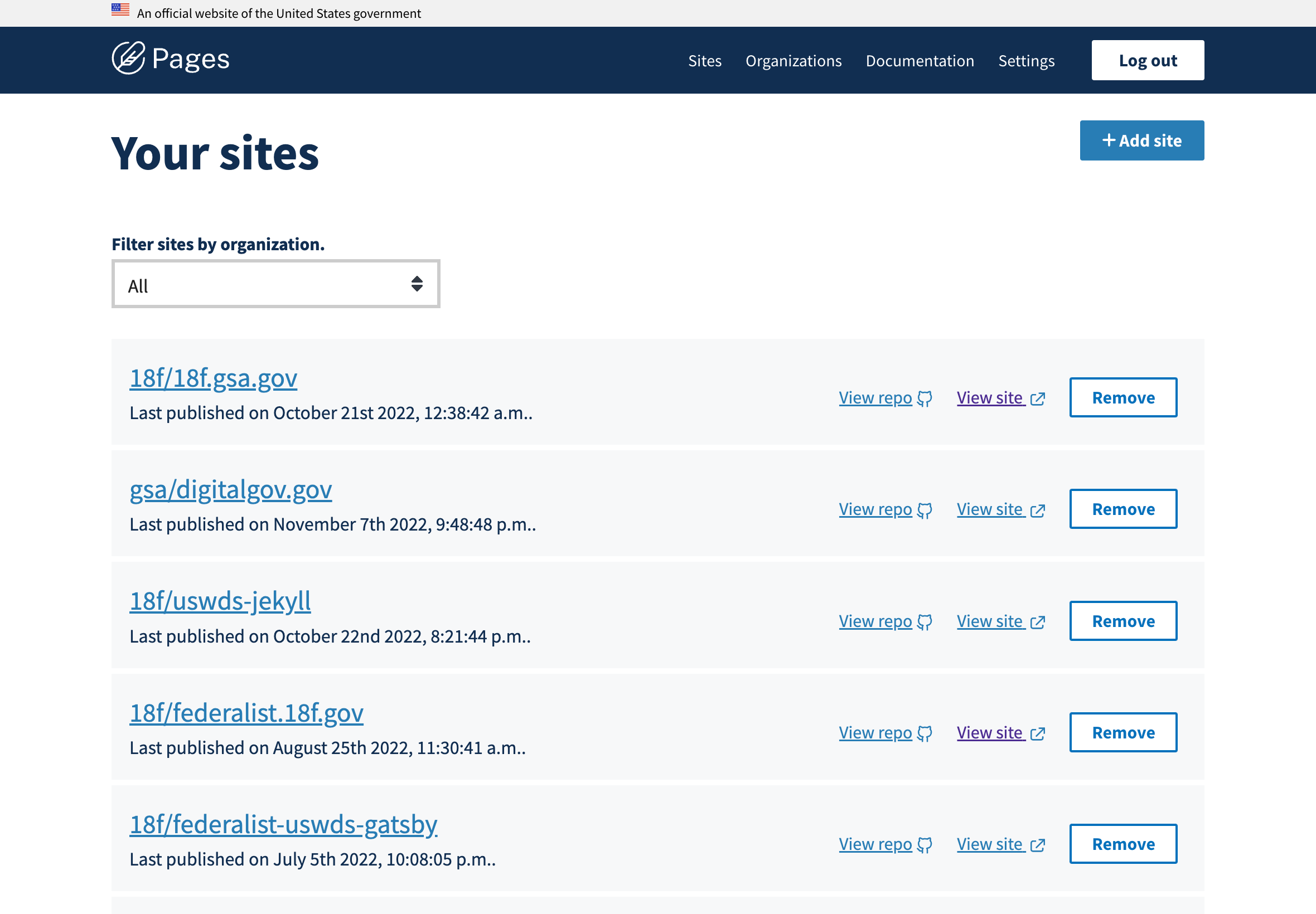 Pages Sitelist Screenshot