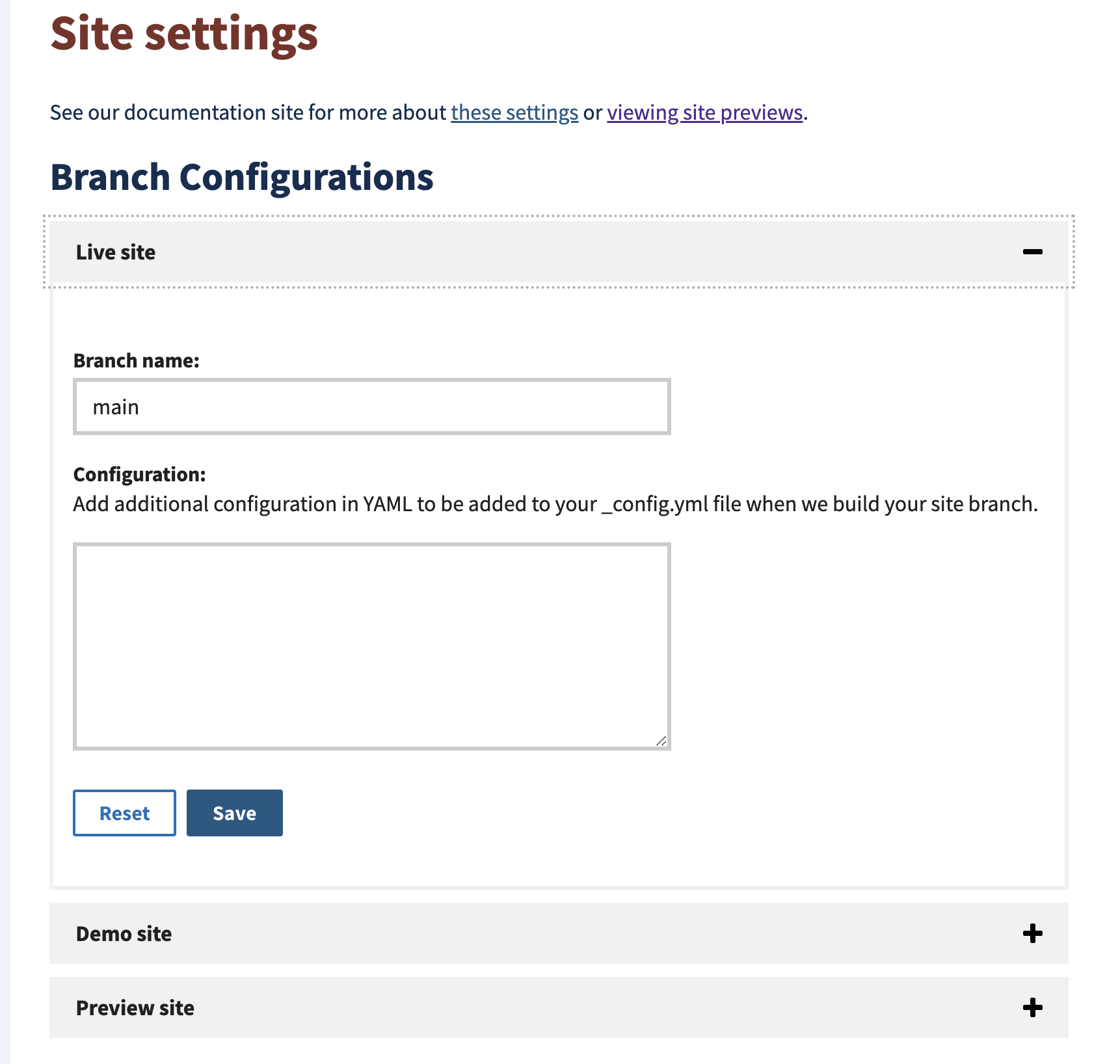 Site Settings Branch Configurations