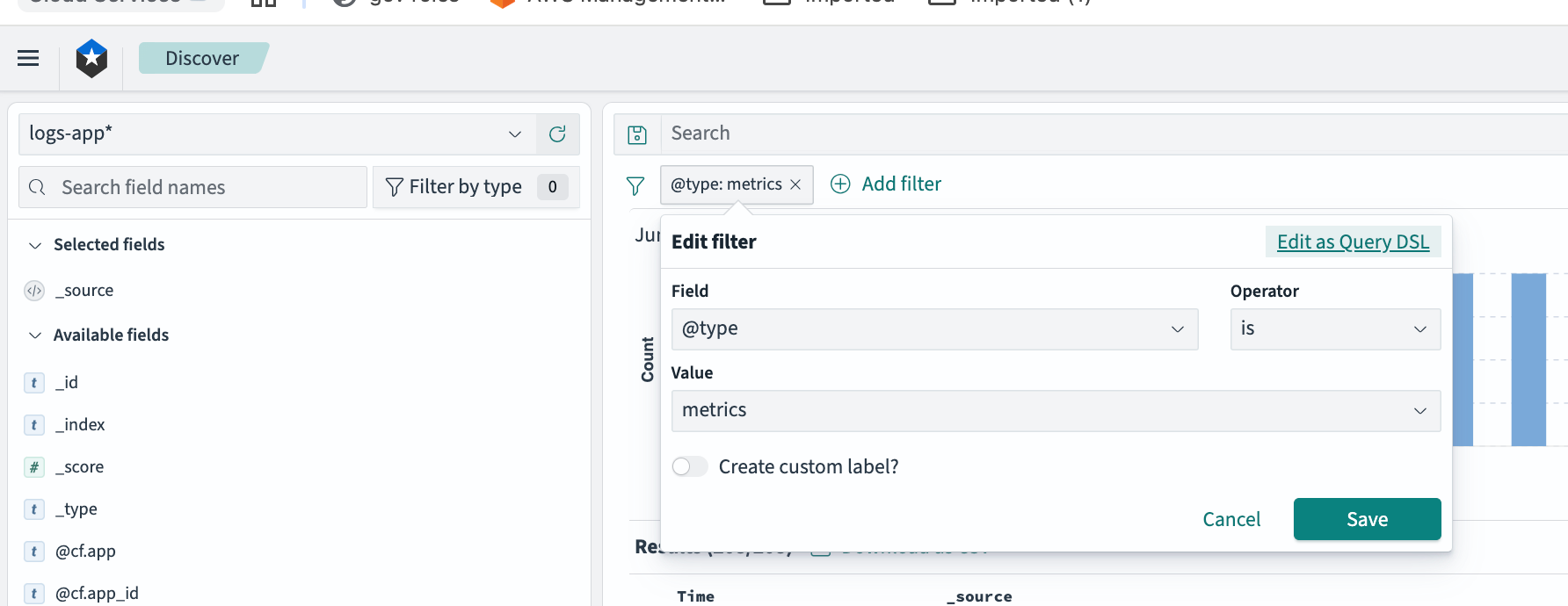 Screenshot of OpenSearch Dashboards interface showing the addition of a filter for the @type field with a value of metrics