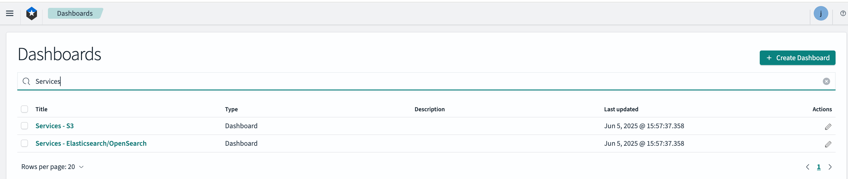 Screenshot of searching OpenSearch Dashboards for ones with 'Services' in the name
