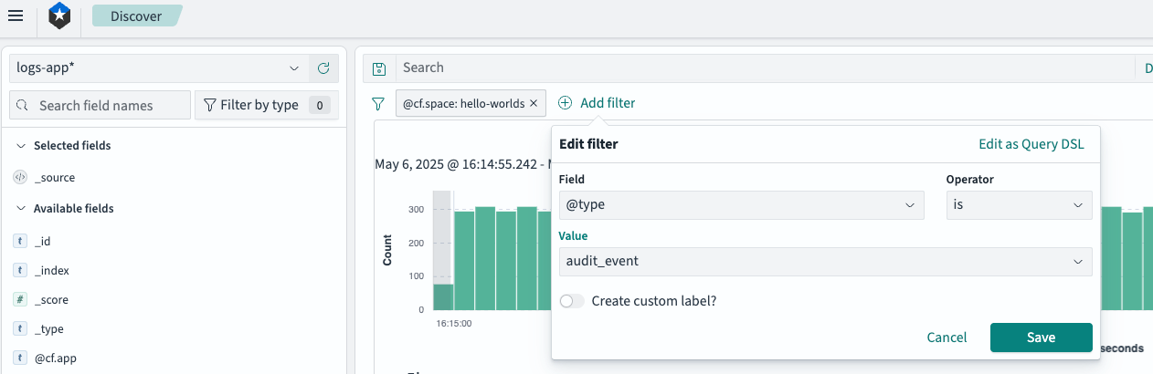 Screenshot of OpenSearch Dashboards interface showing the addition of a filter for the @type field with a value of audit_event