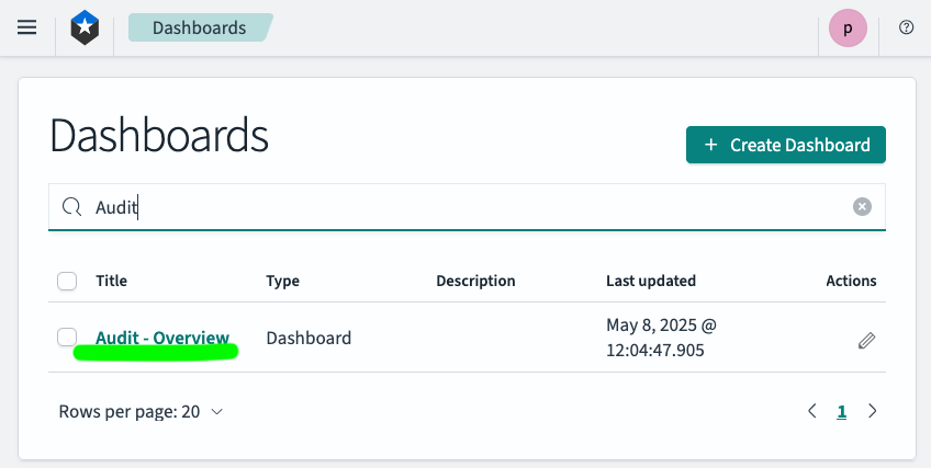 Screenshot of searching OpenSearch Dashboards for ones with 'Audit' in the name